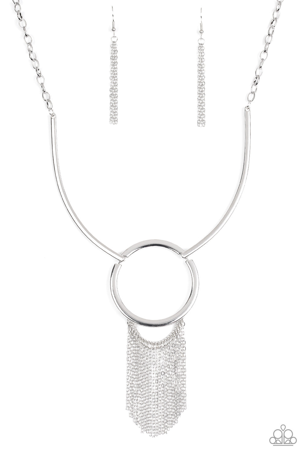 Pharaoh Paradise Silver Necklace - Paparazzi Accessories  Attached to two bowing silver bars, a shiny silver hoop gives way to a shimmery silver chain fringe, creating a statement making look below the collar. Features an adjustable clasp closure.  Sold as one individual necklace. Includes one pair of matching earrings.