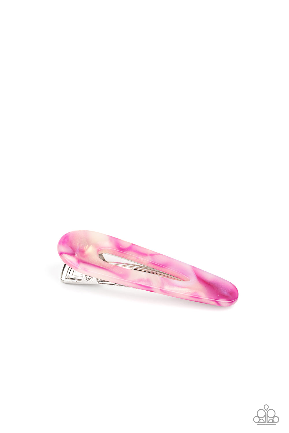 Walking on HAIR Pink Hair Clip - Paparazzi Accessories. Featuring a shell-like iridescence, a pink frame pulls back the hair for a colorful retro look. Features a standard hair clip on the back.  All Paparazzi Accessories are lead free and nickel free!  Sold as one pair of hair clips.