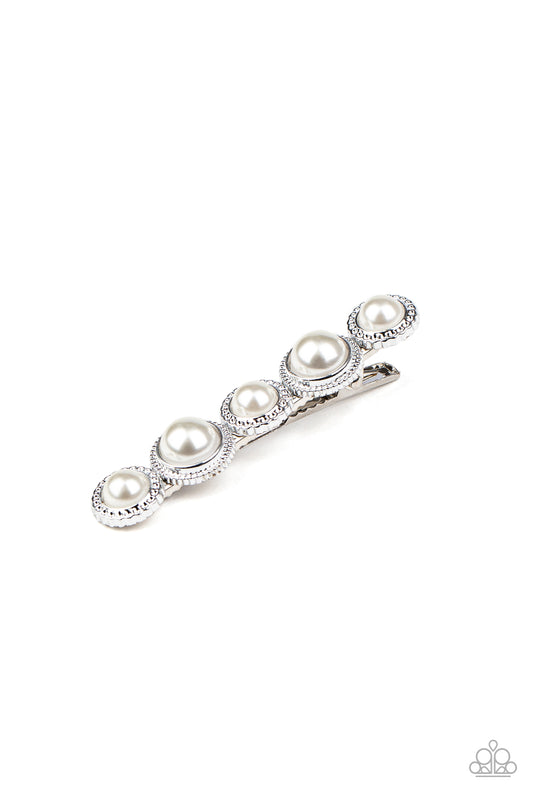 HAIR Comes The Bride White Hair Clip - Paparazzi Accessories  Featuring ornate silver fittings, a refined collection of pearly white beads are encrusted across the front of a classic hair clip, creating a timeless centerpiece. Features a standard hair clip.   Sold as one individual hair clip.