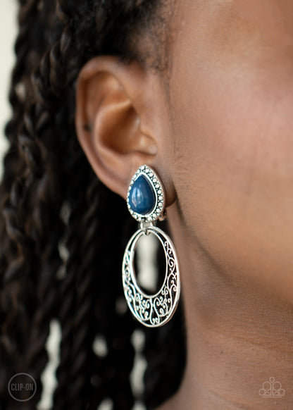 Exotic Escape Blue Clip-On Earring - Paparazzi Accessories