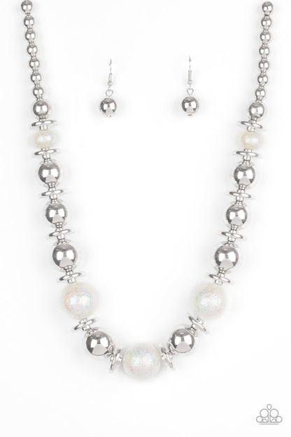 Twinkle Twinkle, Im The Star White Necklace - Paparazzi Accessories.  Brushed in a stellar iridescence, hammered pearly beads, classic silver beads, and silver discs gradually increase in size as they join below the collar for a glamorous look. Features an adjustable clasp closure. All Paparazzi Accessories are lead free and nickel free!  Sold as one individual necklace. Includes one pair of matching earrings.  Get The Complete Look! Bracelet: "Starstruck Shimmer - White" (Sold Separately)