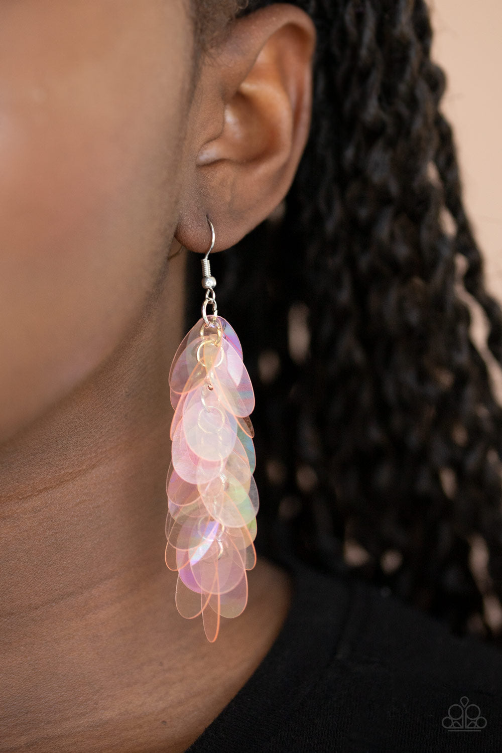 Stellar In Sequins Pink Earring - Paparazzi Accessories.  Featuring an iridescent shimmer, oversized oval pink sequins cascade from the ear, creating a playful fringe. Earring attaches to a standard fishhook fitting. All Paparazzi Accessories are lead free and nickel free!  Sold as one pair of earrings.