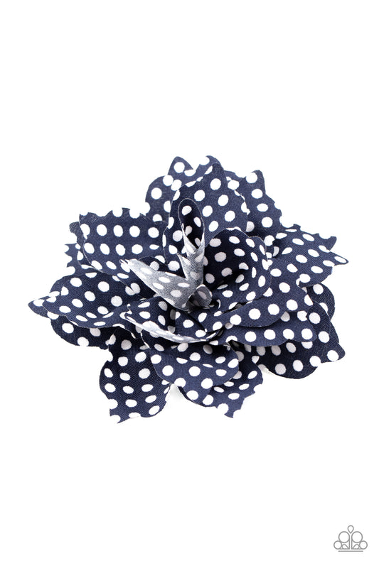 Springtime Social Blue Hair Clip - Paparazzi Accessories  Dotted in white polka dots, soft navy blue petals gather into a playful blossom for a seasonal look. Features a standard hair clip.  Sold as one individual hair clip.