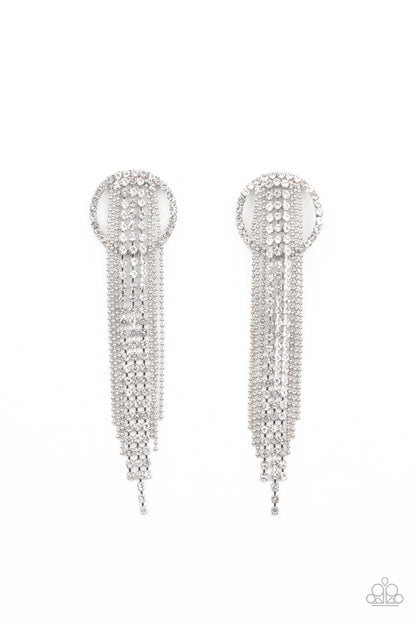 Dazzle by Default White Earring - Paparazzi Accessories  Dainty strands of glassy white rhinestones and shimmery silver ball-chain stream from the top of a bedazzled white rhinestone hoop, creating a dazzling fringe. Earring attaches to a standard post fitting.  All Paparazzi Accessories are lead free and nickel free!  Sold as one pair of post earrings.