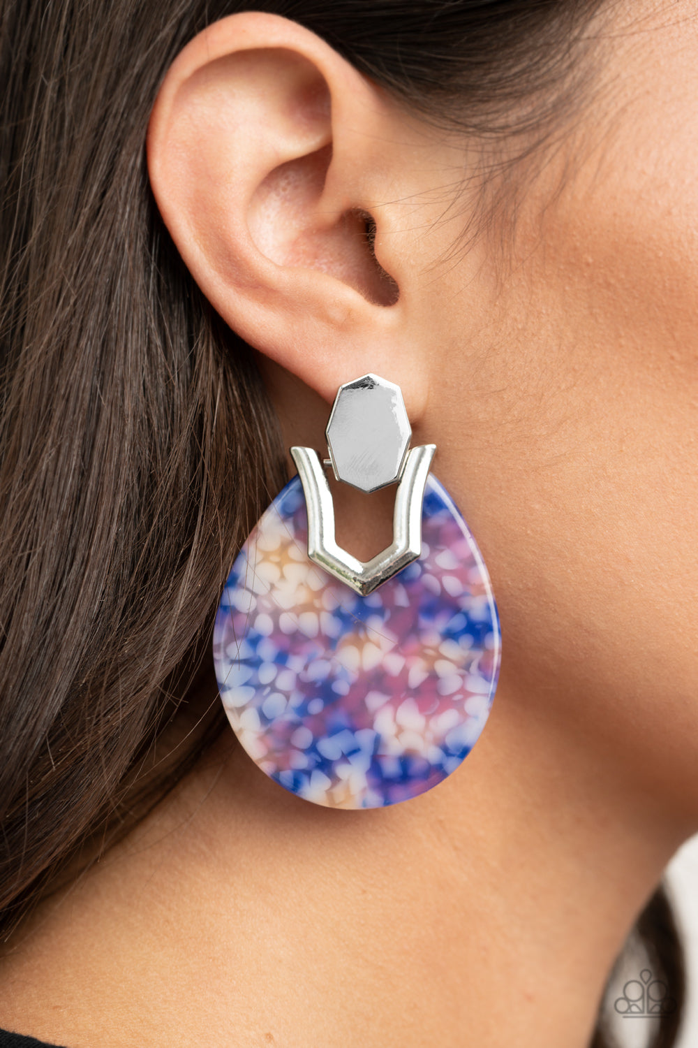 HAUTE Flash Blue Earring - Paparazzi Accessories Speckled in a colorful watercolor pattern, a teardrop acrylic frame fastens to a shiny silver fitting for a trendy retro look. Earring attaches to a standard post fitting.  ﻿All Paparazzi Accessories are lead free and nickel free!  Sold as one pair of post earrings.
