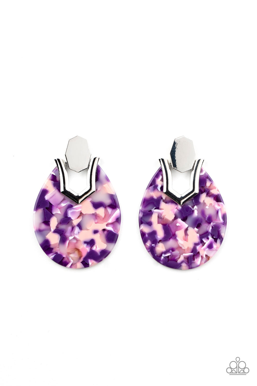HAUTE Flash Purple Acrylic Earring - Paparazzi Accessories  Speckled in a colorful purple and pink tortoise shell-like pattern, a teardrop acrylic frame fastens to a shiny silver fitting for a trendy retro look. Earring attaches to a standard post fitting.  Sold as one pair of post earrings.