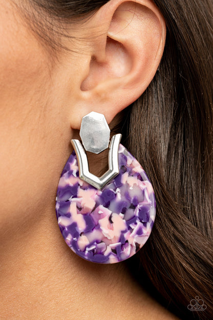 HAUTE Flash Purple Acrylic Earring - Paparazzi Accessories  Speckled in a colorful purple and pink tortoise shell-like pattern, a teardrop acrylic frame fastens to a shiny silver fitting for a trendy retro look. Earring attaches to a standard post fitting.  Sold as one pair of post earrings.