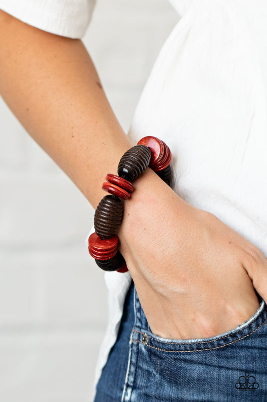 Caribbean Castaway Red Wooden Bracelet - Paparazzi Accessories