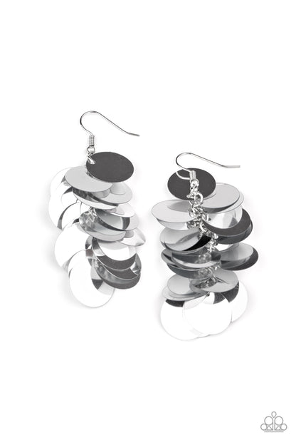 Now You SEQUIN It Silver Earring - Paparazzi Accessories A cluster of bubbly silver sequins dangle from the ear, creating effortless effervescence. Earring attaches to a standard fishhook fitting.  Sold as one pair of earrings.