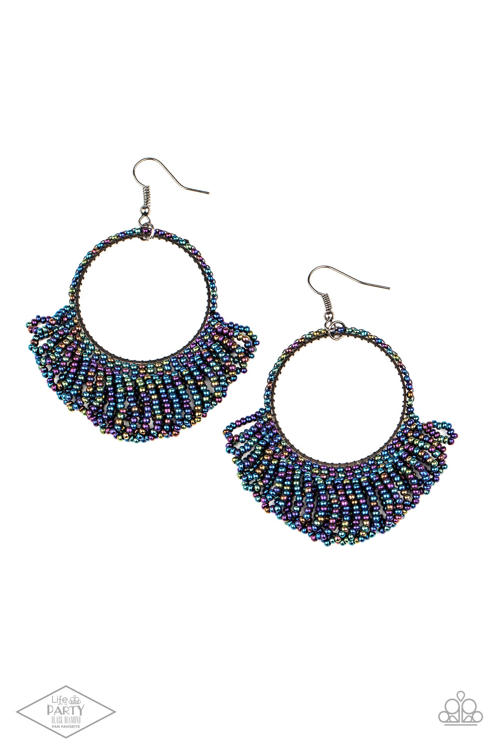 Cant BEAD-lieve My Eyes! Multi Earring - Paparazzi Accessories  Rings of dainty oil spill seed beads cascade from the bottom of a matching beaded hoop, creating a dramatically colorful fringe. Earring attaches to a standard fishhook fitting.  Sold as one pair of earrings. This Fan Favorite is back in the spotlight at the request of our 2021 Life of the Party member with Black Diamond Access, Brandy E.