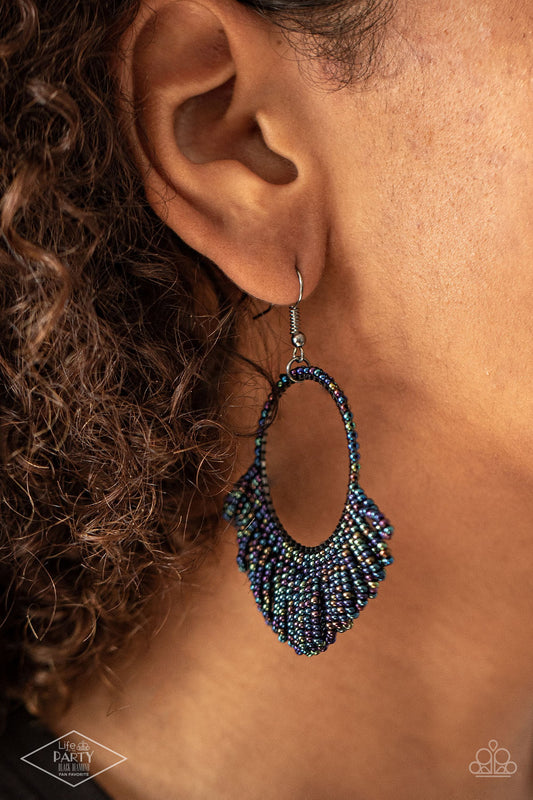 Cant BEAD-lieve My Eyes! Multi Earring - Paparazzi Accessories  Rings of dainty oil spill seed beads cascade from the bottom of a matching beaded hoop, creating a dramatically colorful fringe. Earring attaches to a standard fishhook fitting.  Sold as one pair of earrings. This Fan Favorite is back in the spotlight at the request of our 2021 Life of the Party member with Black Diamond Access, Brandy E.