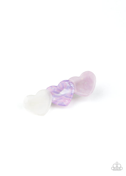 Doesnt HEART To Ask Purple Hair Clip - Paparazzi Accessories  Featuring polished and shell-like finishes, a trio of white, multicolored, and purple heart-shaped acrylic frames delicately overlap into a charming frame. Features a standard hair clip on the back.   Sold as one individual hair clip.