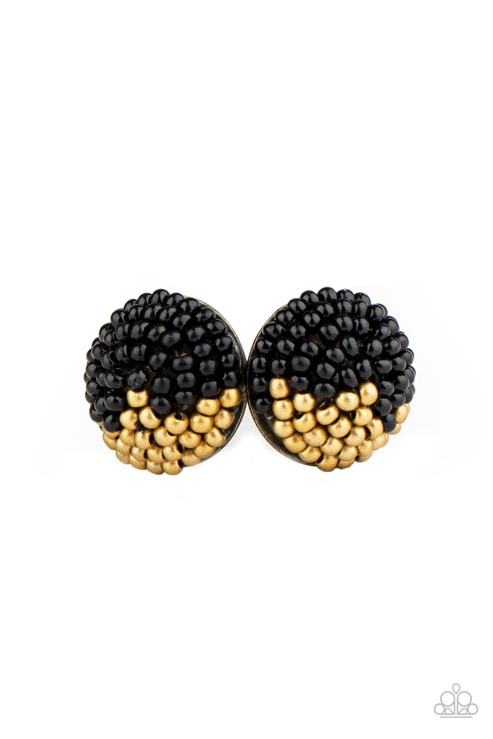 As Happy As Can BEAD - Black Item #P5PO-BKXX-150XX A dainty collection of black and brassy seed beads embellished the front of a circular frame, creating a colorful half and half pattern. Earring attaches to a standard post fitting.  Sold as one pair of post earrings.
