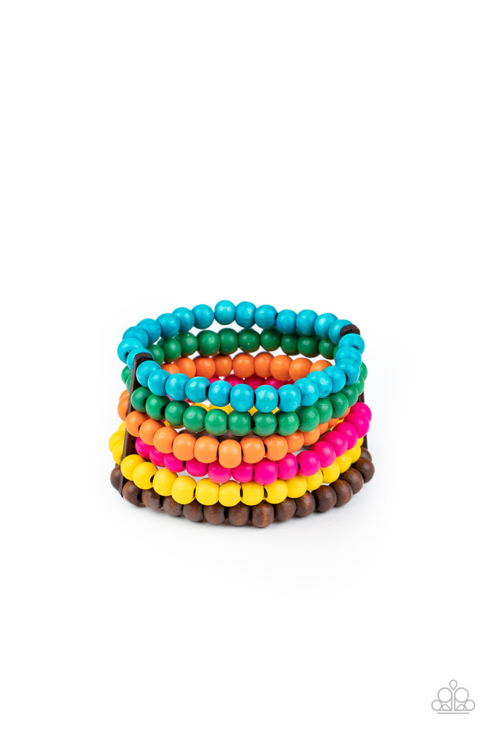 Diving in Maldives Multi Wooden Bracelet - Paparazzi Accessories.  Held in place with rectangular wooden fittings, a collection of vivacious pink, blue, orange, green, yellow, and brown wooden beads are threaded along stretchy bands around the wrist, creating colorful layers.  ﻿﻿﻿All Paparazzi Accessories are lead free and nickel free!  Sold as one individual bracelet.