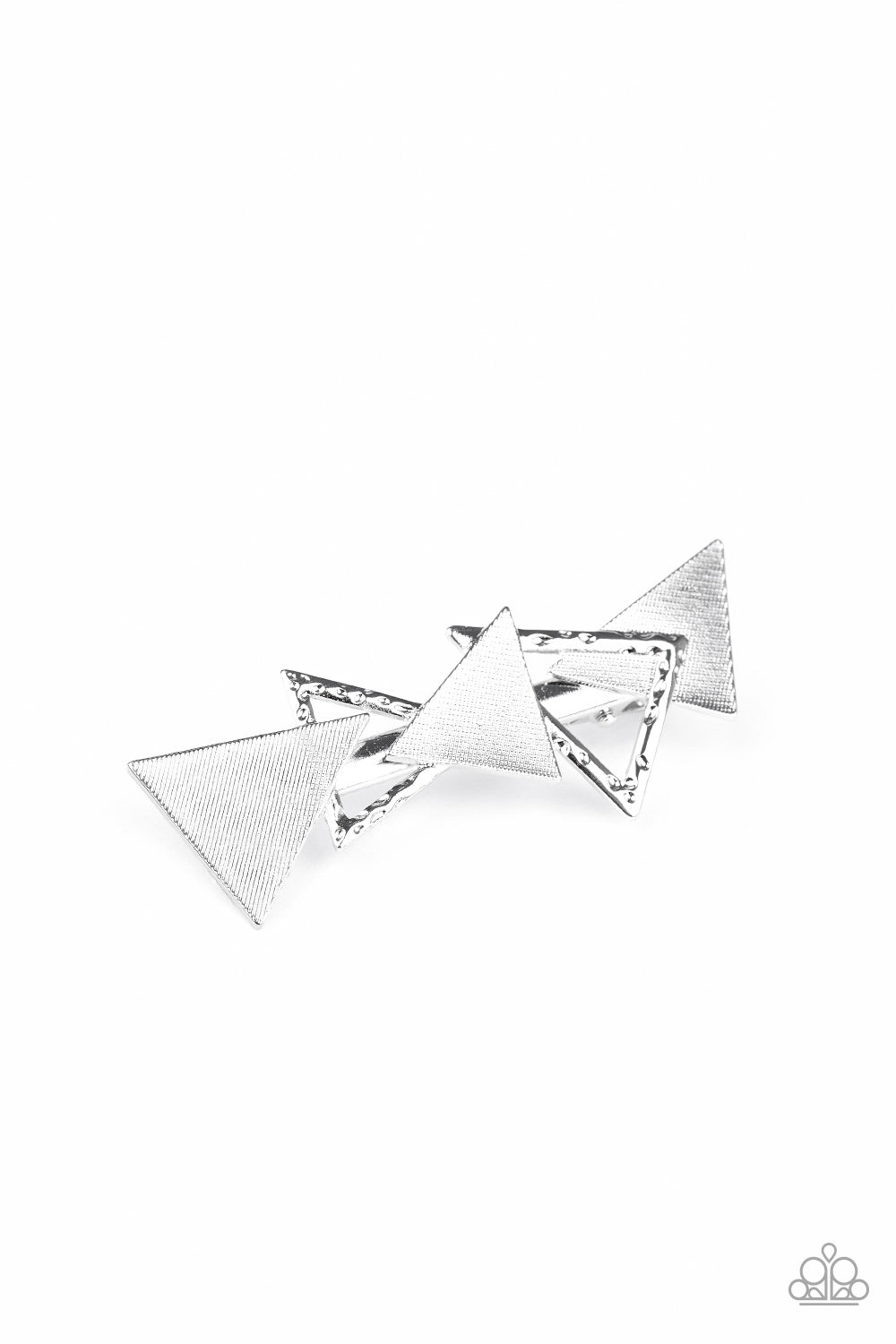 Know All The TRIANGLES Silver Hair Clip - Paparazzi Accessories  An abstract collection of hammered and textured silver triangles overlap into an edgy frame. Features a standard hair clip on the back.  Sold as one individual hair clip.