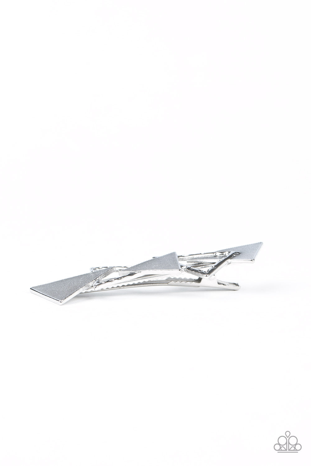 Know All The TRIANGLES Silver Hair Clip - Paparazzi Accessories  An abstract collection of hammered and textured silver triangles overlap into an edgy frame. Features a standard hair clip on the back.  Sold as one individual hair clip.
