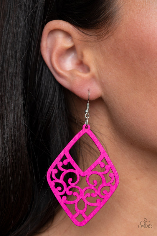 VINE For The Taking Pink Wooden Earring - Paparazzi Accessories