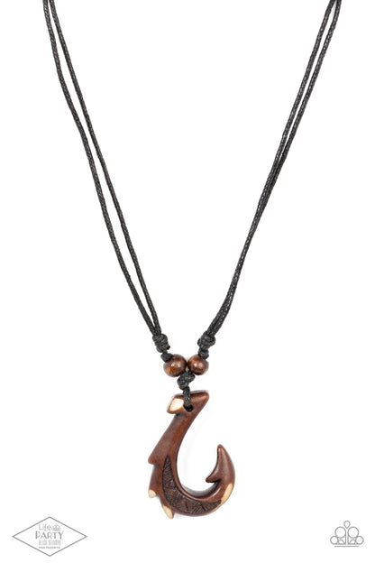 Off The Hook Urban Necklace - Paparazzi Accessories  Hanging from the bottom of a double strand of black twine is an urban hook design. Finished in an uneven brown stain, the trendy hook design is complemented with two wooden bead knotted in black twine. Sliding knot closure allows for an adjustable fit.  Sold as one individual necklace.  This Fan Favorite is back in the spotlight at the request of our 2021 Life of the Party member with Black Diamond Access, Taylor K.