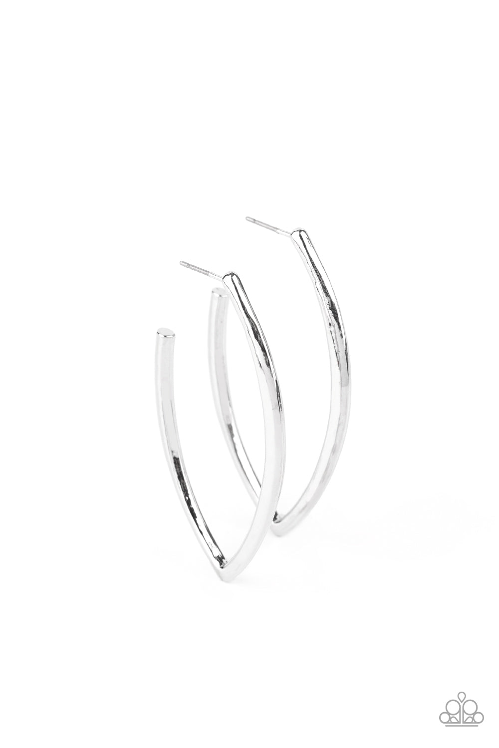 Point-Blank Beautiful Silver Hoop Earring - Paparazzi Accessories  A glistening silver bar sharply curves into an abstract hoop for an edgy finish. Earring attaches to a standard post fitting. Hoop measures approximately 1" in diameter.  ﻿All Paparazzi Accessories are lead free and nickel free!  Sold as one pair of hoop earrings.