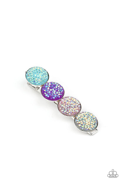 When GLEAMS Come True Multi Hair Clip - Paparazzi Accessories. Featuring an iridescent shimmer, pink, blue, and purple rhinestone dotted gems are encrusted across the front of a shiny silver bar for a colorfully bubbly look. Features a standard hair clip on the back. All Paparazzi Accessories are lead free and nickel free!  Sold as one individual hair clip.