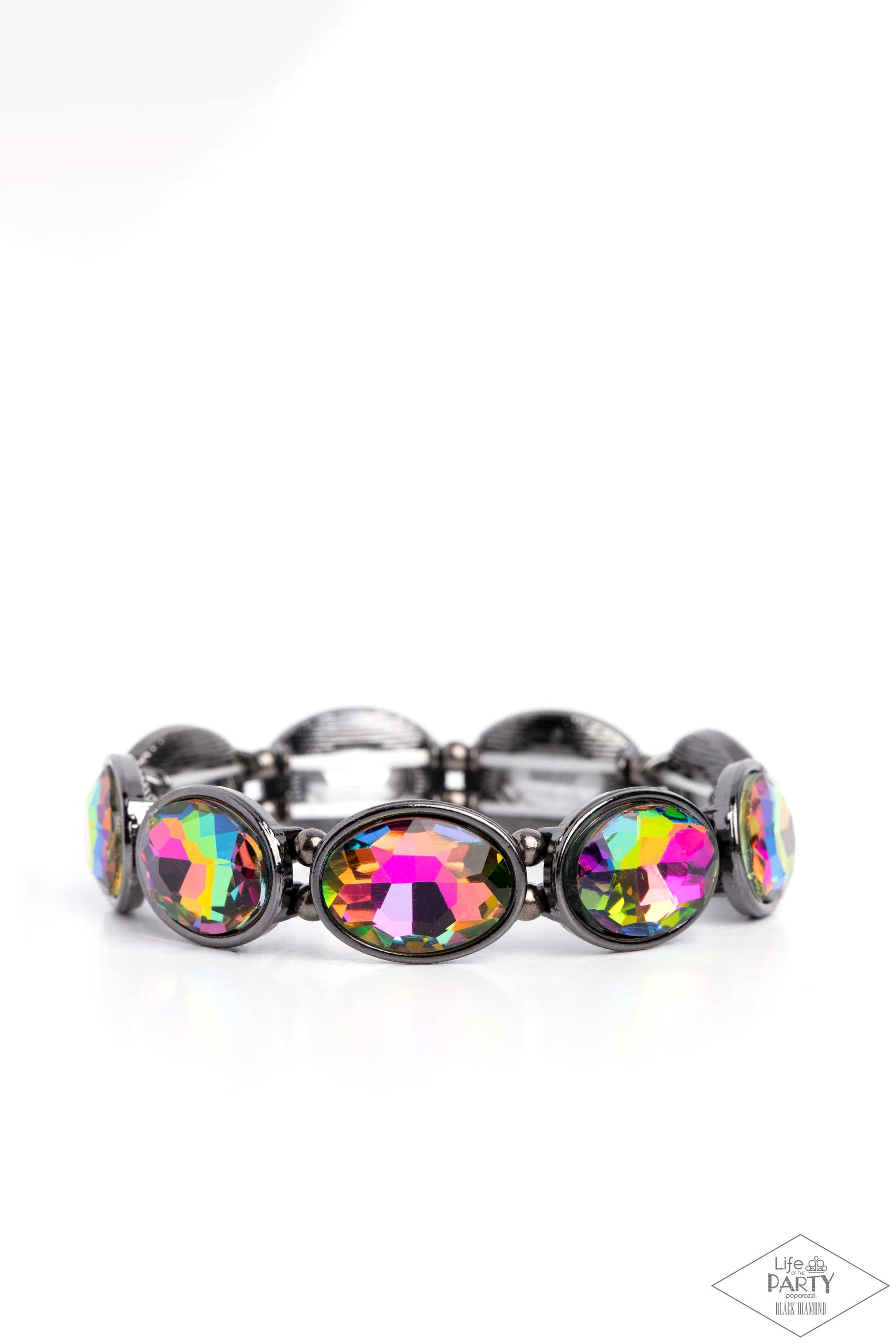 Diva In Disguise Multi Stretch Bracelet - Paparazzi Accessories  Glittery oil spill gems are pressed into sleek gunmetal frames. Infused with dainty gunmetal beads, the sparkly frames are threaded along stretchy bands for a glamorous look around the wrist.  Sold as one individual bracelet.  P9RE-MTXX-069XX