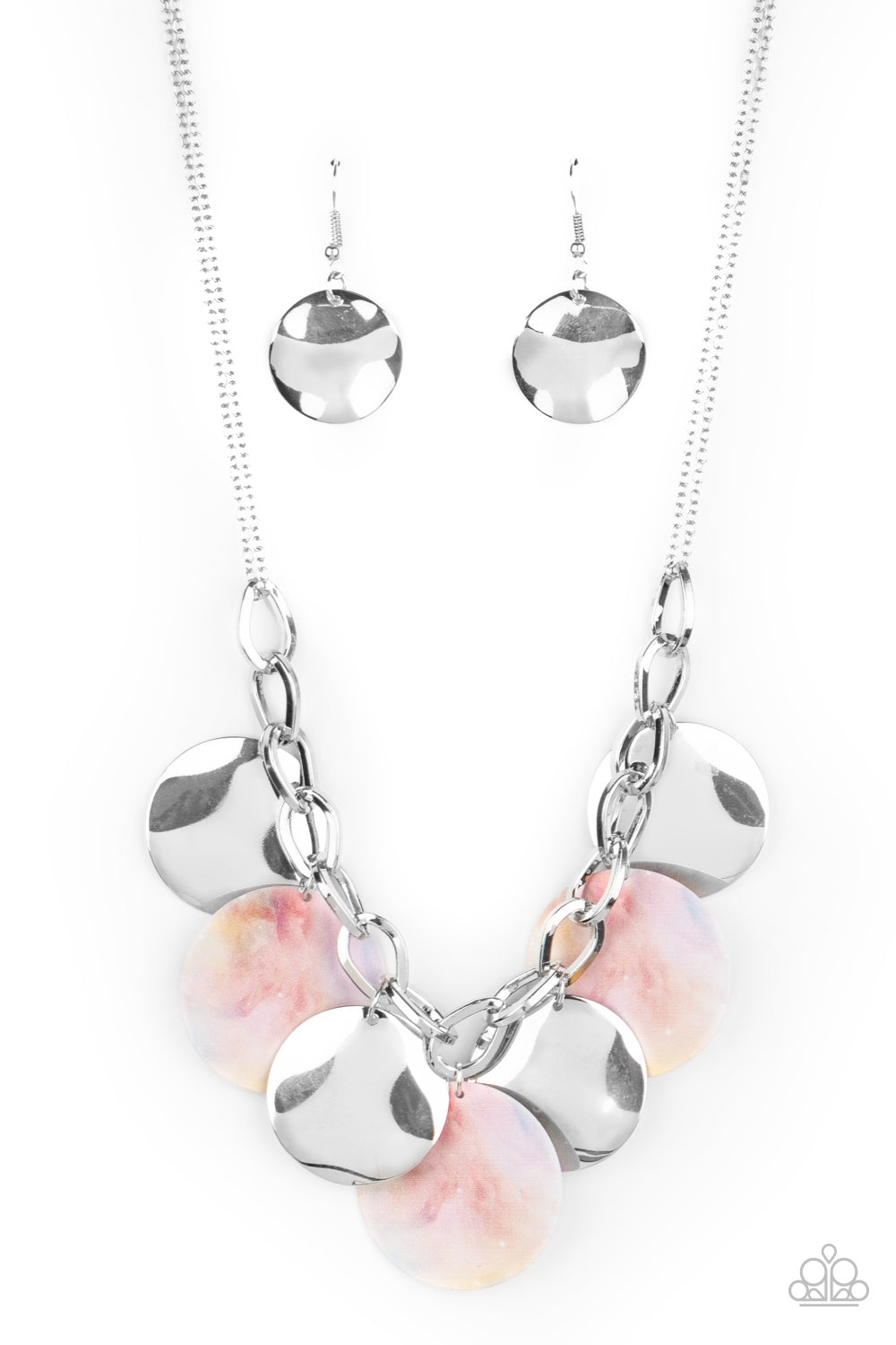 Tie Dye Drama Multi Necklace - Paparazzi Accessories. Featuring a galactic tie dye print, flat colorful discs swirled in tones of pink and yellow combine with curved silver discs, swinging from the bottom of a bulky silver chain for a trendy throwback look. Features an adjustable clasp closure.  All Paparazzi Accessories are lead free and nickel free!  Sold as one individual necklace. Includes one pair of matching earrings.  Get The Complete Look! Bracelet: "Teasingly Tie Die - Multi" (Sold Separately)