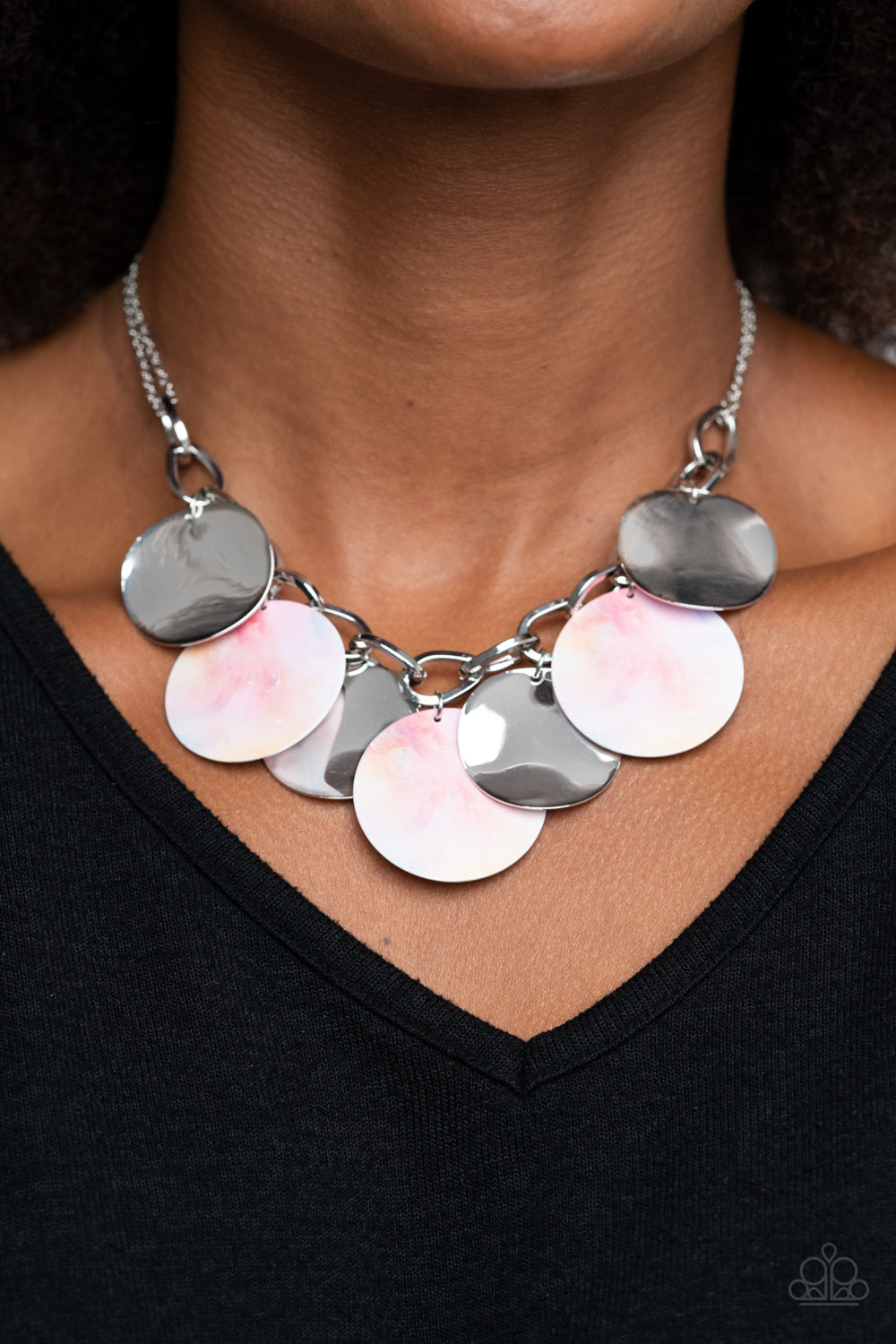 Tie Dye Drama Multi Necklace - Paparazzi Accessories. Featuring a galactic tie dye print, flat colorful discs swirled in tones of pink and yellow combine with curved silver discs, swinging from the bottom of a bulky silver chain for a trendy throwback look. Features an adjustable clasp closure.  All Paparazzi Accessories are lead free and nickel free!  Sold as one individual necklace. Includes one pair of matching earrings.  Get The Complete Look! Bracelet: "Teasingly Tie Die - Multi" (Sold Separately)