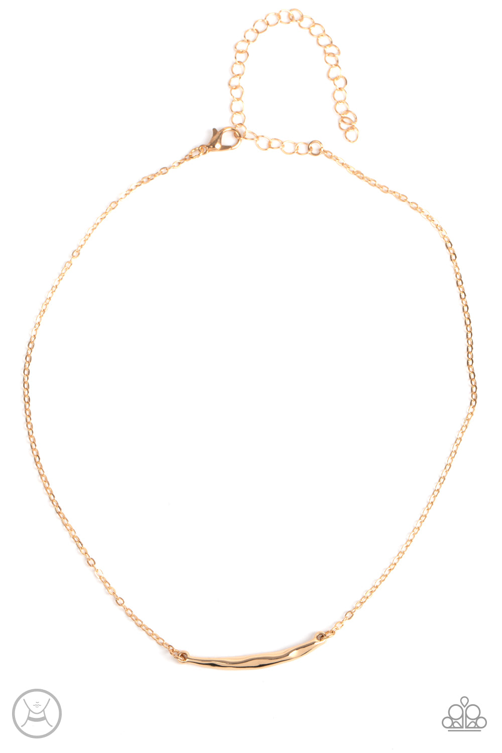 Taking It Easy Gold Necklace - Paparazzi Accessories  A hammered gold crescent attaches to a dainty gold chain around the neck for a trendy minimalist inspired look. Features an adjustable clasp closure.  Sold as one individual necklace. Includes one pair of matching earrings.
