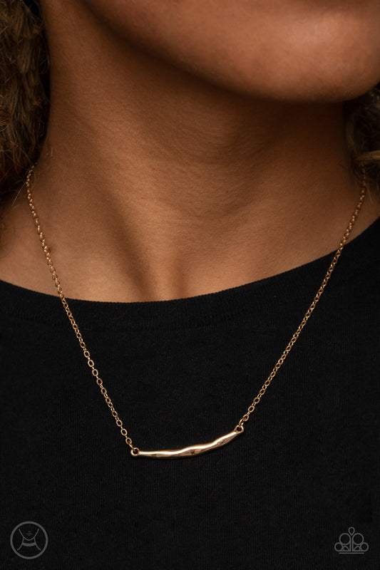 Taking It Easy Gold Necklace - Paparazzi Accessories  A hammered gold crescent attaches to a dainty gold chain around the neck for a trendy minimalist inspired look. Features an adjustable clasp closure.  Sold as one individual necklace. Includes one pair of matching earrings.