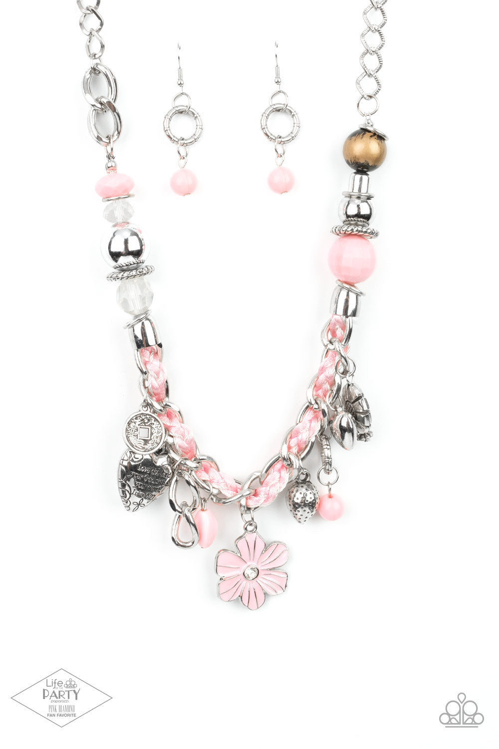 Charmed, I Am Sure Pink Necklace - Paparazzi Accessories  Pink cording is braided through a chunky silver chain. A unique variety of charms decorate the piece including a delicate flower and a heart inscribed with the phrase "With All My Heart" on one side and a short bible verse on the other that reads, "Love the Lord thy God with all your heart. Luke 10:27." Features an adjustable clasp closure.  All Paparazzi Accessories are lead free and nickel free!  Includes one pair of matching earrings.