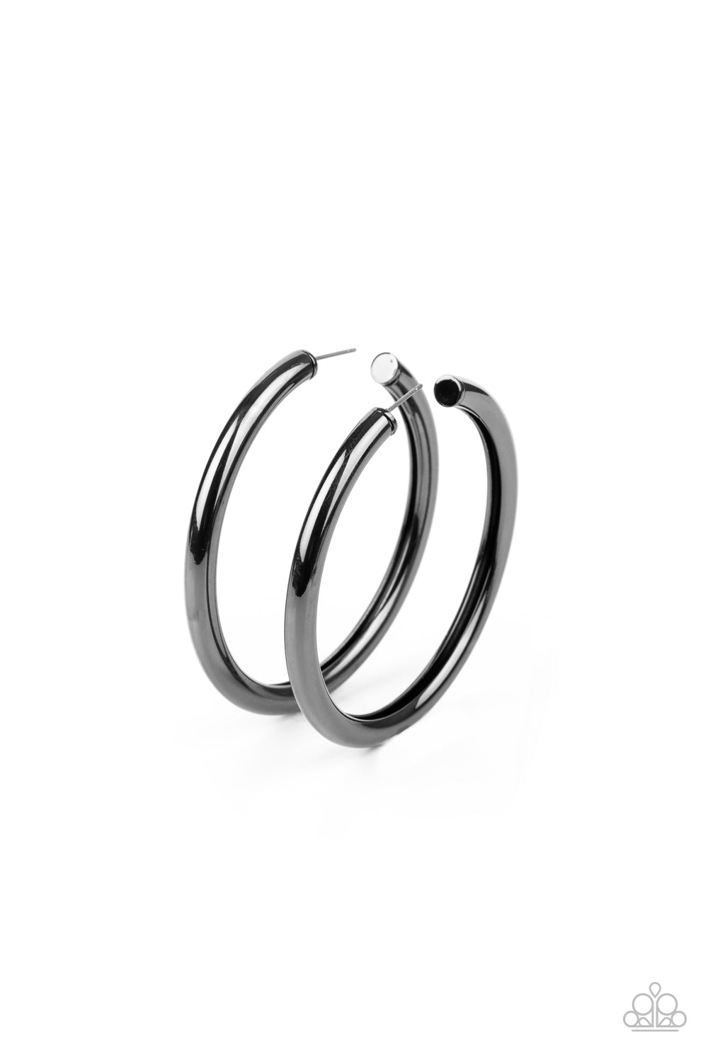 Curve Ball Black Hoop Earring - Paparazzi Accessories  A thick gunmetal bar delicately curls into a glistening oversized hoop for a retro look. Earring attaches to a standard post fitting. Hoop measures approximately 2 1/4" in diameter.  ﻿All Paparazzi Accessories are lead free and nickel free!  Sold as one pair of hoop earrings.