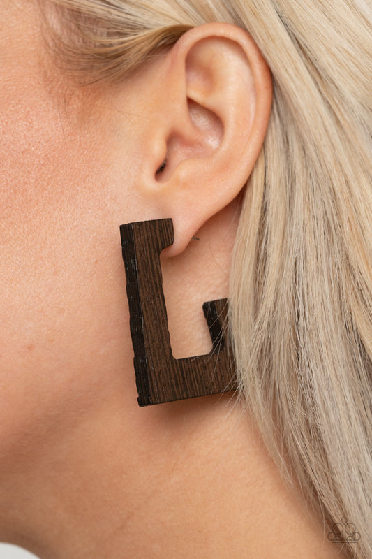 The Girl Next OUTDOOR Brown Wooden Hoop Earring - Paparazzi Accessories