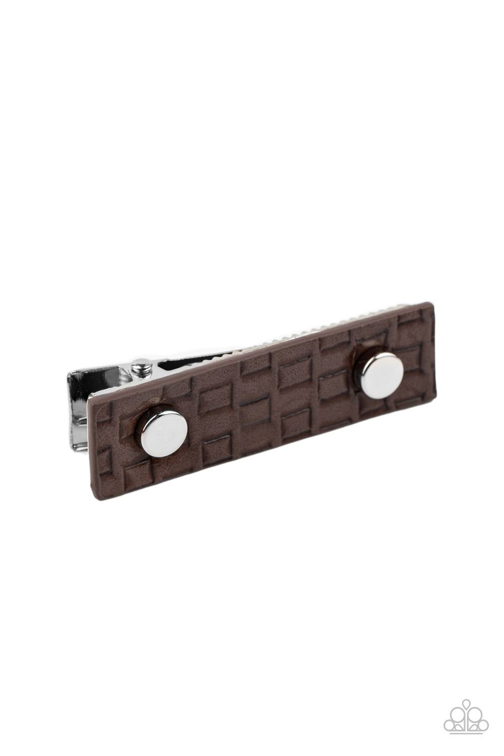 Pleasantly Patterned Brown Hair Clip - Paparazzi Accessories  Dotted with two silver studs, a piece of brown leather that is embossed in an edgy geometric pattern adorns the front of a rectangular silver frame, creating a retro display. Features a standard hair clip on the back.  Sold as one individual hair clip.