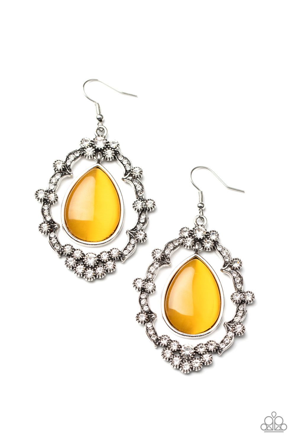 Icy Eden Yellow Earring - Paparazzi Accessories. A teardrop yellow cat's eye stone swings from the top of an ornately white rhinestone encrusted frame, creating an icy lure. Earring attaches to a standard fishhook fitting.  ﻿All Paparazzi Accessories are lead free and nickel free!  Sold as one pair of earrings. 