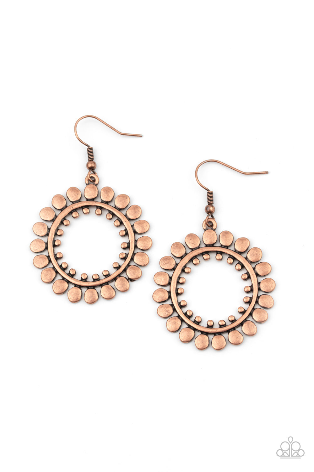 Radiating Radiance - Copper Item #P5SE-CPXX-096XX Asymmetrical copper discs flare out from an antiqued copper ring featuring an airy copper studded center, creating a radiant hoop. Earring attaches to a standard fishhook fitting.  Sold as one pair of earrings.