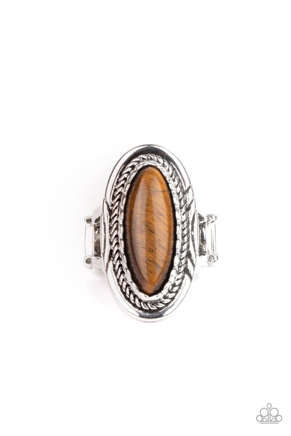 Primal Instincts Brown Ring - Paparazzi Accessories  An oblong tiger's eye stone is pressed into the center of an oval silver frame stamped and embossed in mismatched patterns for a seasonal flair. Features a stretchy band for a flexible fit.  ﻿All Paparazzi Accessories are lead free and nickel free!  Sold as one individual ring.