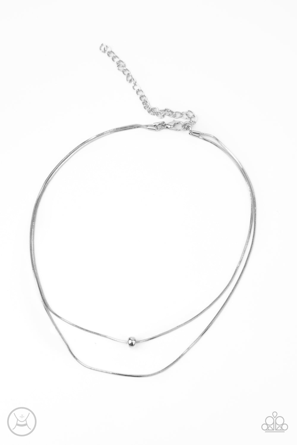 Super Slim Silver Choker Necklace - Paparazzi Accessories  Infused with a single silver bead, two dainty rows of rounded snake chain layer around the neck for a seamlessly chic look. Features an adjustable clasp closure.  All Paparazzi Accessories are lead free and nickel free!  Sold as one individual choker necklace. Includes one pair of matching earrings.