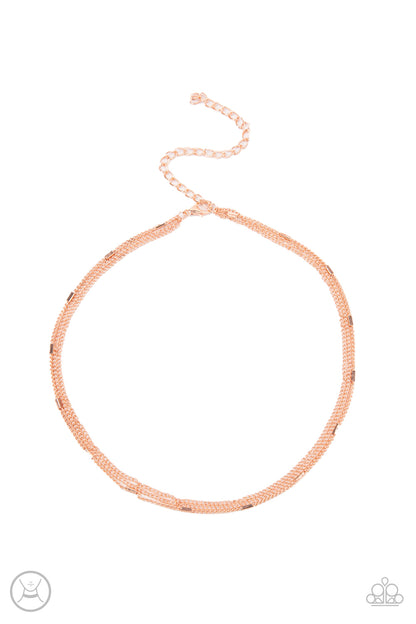Need I SLAY More Copper Choker Necklace - Paparazzi Accessories. A dainty shiny copper beaded chain joins two rows of plain shiny copper chain around the neck, creating shimmery layers. Features an adjustable clasp closure.  All Paparazzi Accessories are lead free and nickel free!  Sold as one individual choker necklace. Includes one pair of matching earrings.