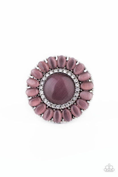 Elegantly Eden Purple Ring - Paparazzi Accessories  Purple cat's eye stone petals elegantly bloom from a dreamy purple cat's eye center that has been encrusted in a ring of glassy white rhinestones for an elegant finish. Features a stretchy band for a flexible fit.  ﻿All Paparazzi Accessories are lead free and nickel free!  Sold as one individual ring.