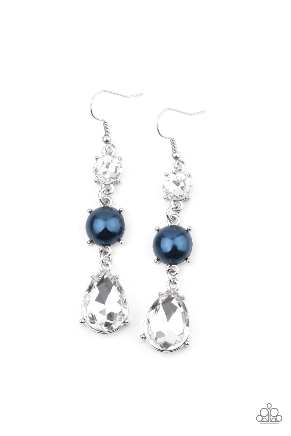 Unpredictable Shimmer Blue Earring - Paparazzi Accessories An oversized white teardrop gem swings from the bottom of a stacked pearly blue bead and classic white rhinestone, creating a timeless lure. Earring attaches to a standard fishhook fitting.  ﻿All Paparazzi Accessories are lead free and nickel free!  Sold as one pair of earrings.