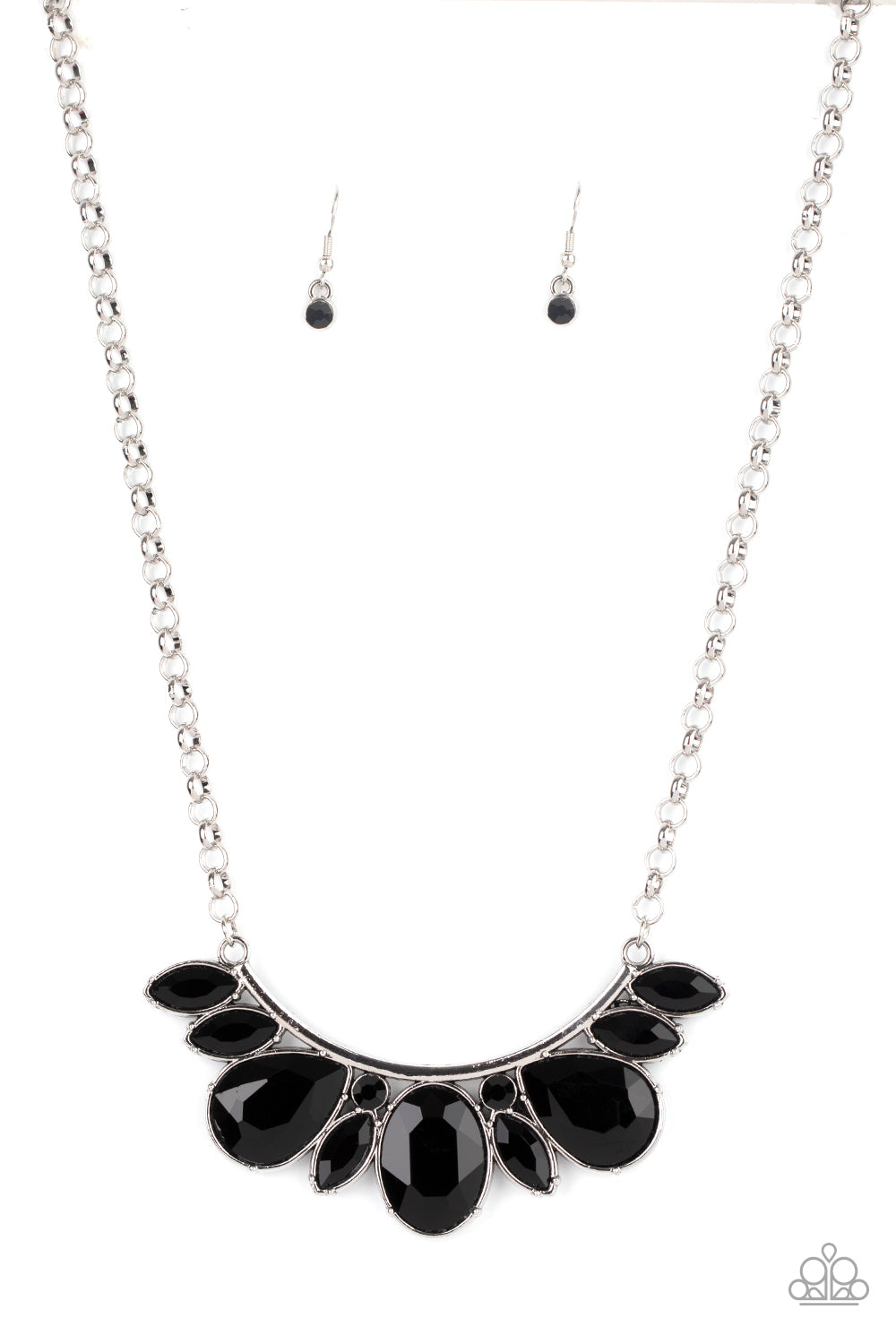 Never SLAY Never Black Necklace - Paparazzi Accessories  An oversized collection of round, marquise, and teardrop black rhinestones drip from the bottom of a bowing silver bar, coalescing into a sassy statement piece below the collar. Features an adjustable clasp closure.  All Paparazzi Accessories are lead free and nickel free!  Sold as one individual necklace. Includes one pair of matching earrings.