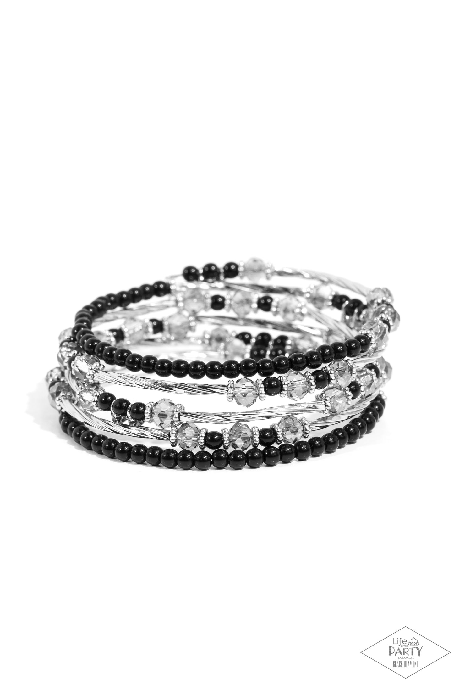 Head-Turning Twinkle Black Coil Bracelet - Paparazzi Accessories  A glamorous collection of black beads, glassy white rhinestones, dainty silver beads, smoky crystal-like accents and textured silver rods are threaded along a coiled wire, creating a glittery infinity wrap style bracelet around the wrist.  Sold as one individual bracelet.  SKU: P9RE-BKXX-292XX
