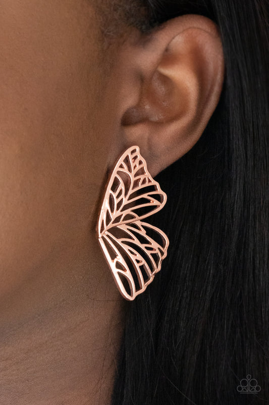 Butterfly Frills Copper Post Earring - Paparazzi Accessories  Shiny copper bars delicately climb scalloped shiny copper frames, coalescing into a whimsical butterfly wing. Earring attaches to a standard post fitting.  All Paparazzi Accessories are lead free and nickel free!  Sold as one pair of post earrings.