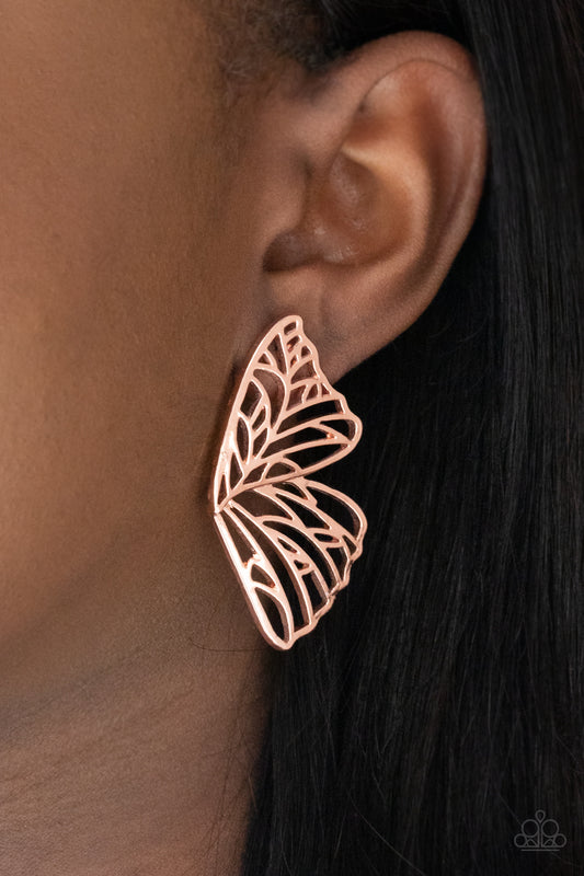 Butterfly Frills Copper Post Earring - Paparazzi Accessories  Shiny copper bars delicately climb scalloped shiny copper frames, coalescing into a whimsical butterfly wing. Earring attaches to a standard post fitting.  All Paparazzi Accessories are lead free and nickel free!  Sold as one pair of post earrings.