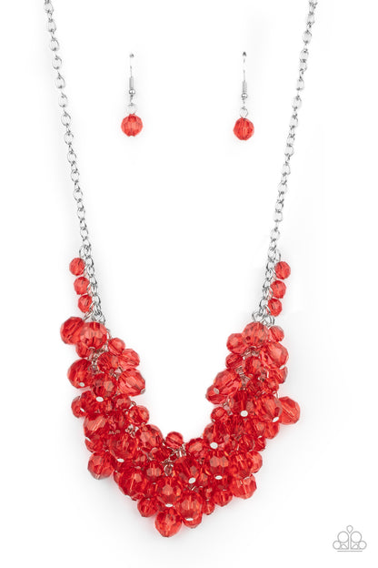 Let The Festivities Begin Red Necklace - Paparazzi Accessories  Row after row of glittery red crystal-like beads swing from interconnected strands of silver chain, creating a colorfully effervescent fringe below the collar. Features an adjustable clasp closure.  All Paparazzi Accessories are lead free and nickel free!  Sold as one individual necklace. Includes one pair of matching earrings.
