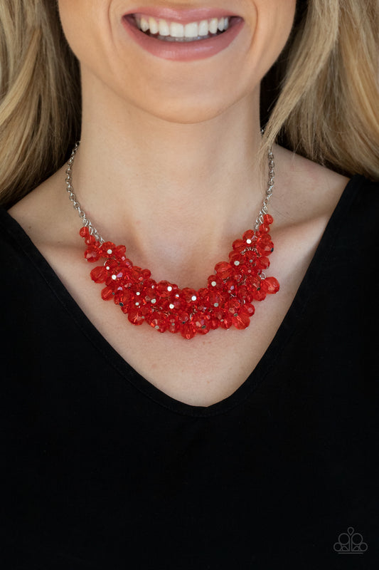 Let The Festivities Begin Red Necklace - Paparazzi Accessories  Row after row of glittery red crystal-like beads swing from interconnected strands of silver chain, creating a colorfully effervescent fringe below the collar. Features an adjustable clasp closure.  All Paparazzi Accessories are lead free and nickel free!  Sold as one individual necklace. Includes one pair of matching earrings.