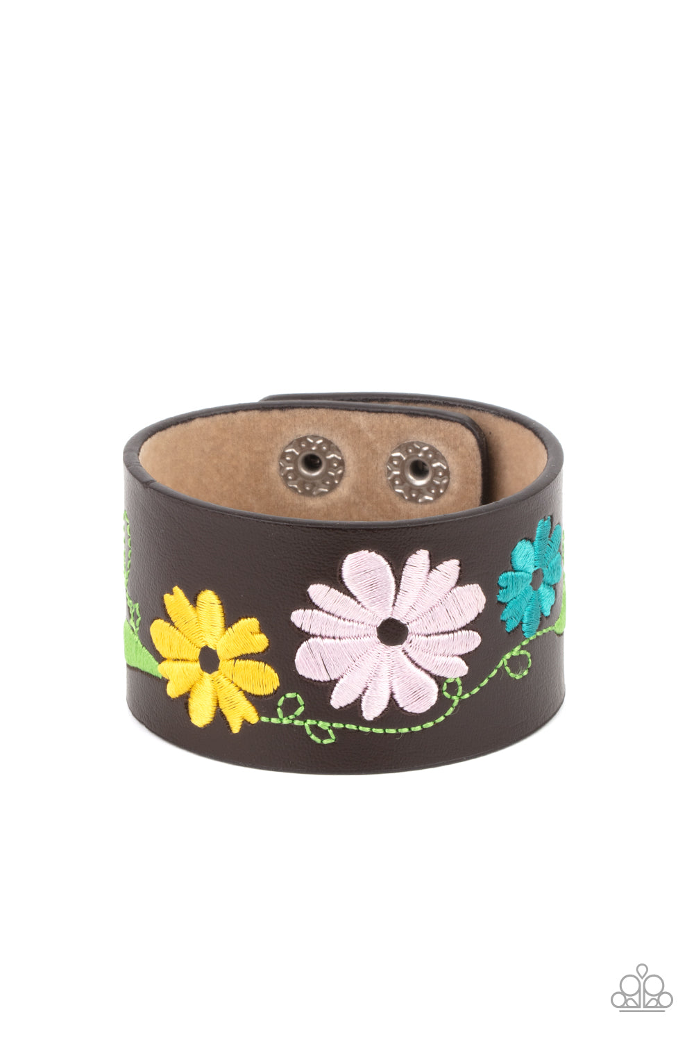 Western Eden Multi Wrap Bracelet - Paparazzi Accessories  A colorful floral pattern is embroidered across the front of a brown leather band, creating a whimsical centerpiece around the wrist. Features an adjustable snap closure.  All Paparazzi Accessories are lead free and nickel free!  Sold as one individual bracelet.