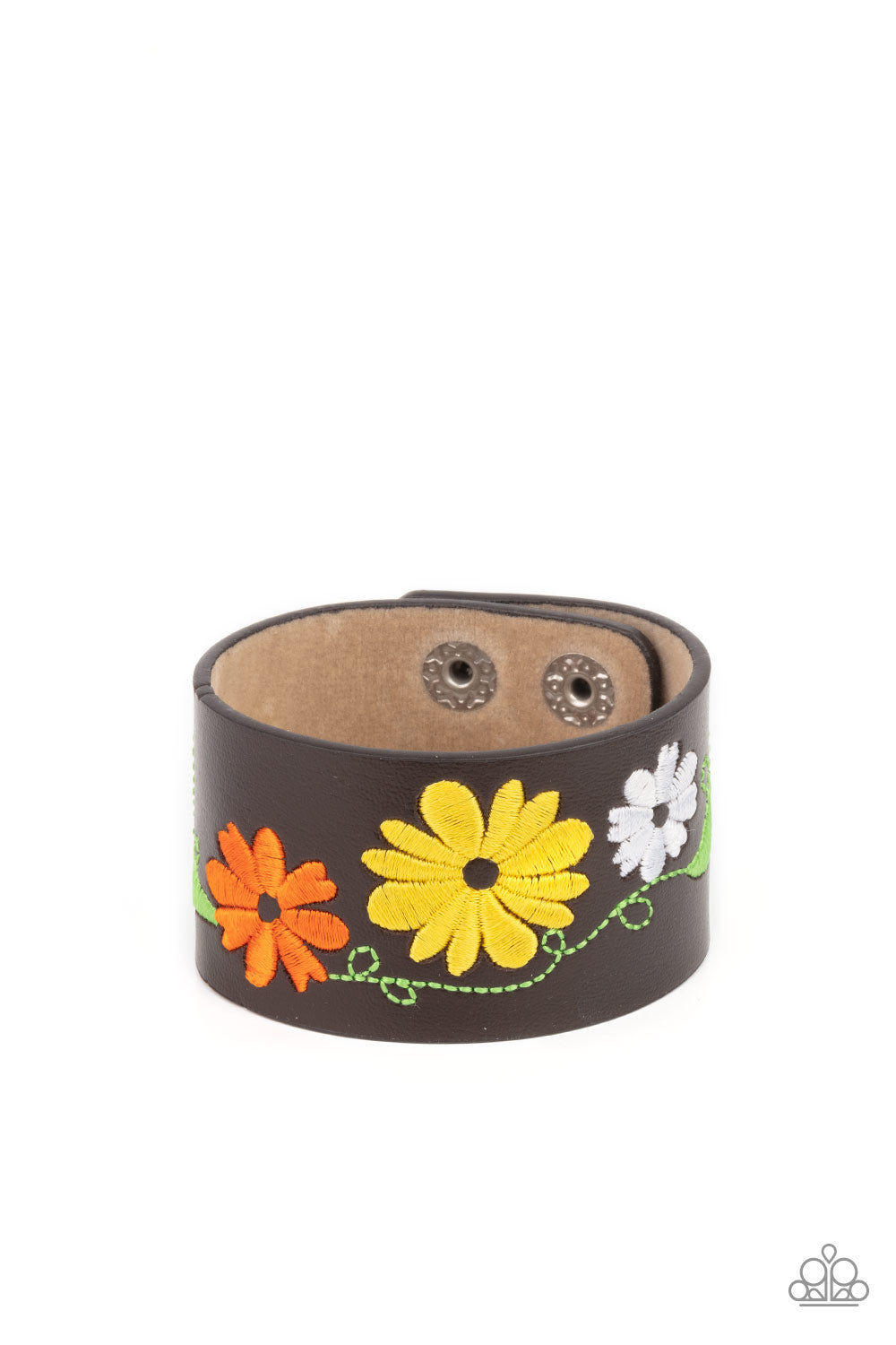 Western Eden Yellow Wrap Bracelet - Paparazzi Accessories  A colorful floral pattern is embroidered across the front of a black leather band, creating a whimsical centerpiece around the wrist. Features an adjustable snap closure.  All Paparazzi Accessories are lead free and nickel free!  Sold as one individual bracelet.