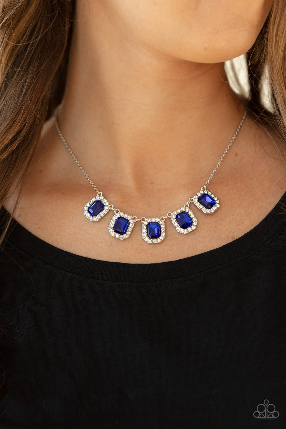 Next Level Luster Blue Necklace - Paparazzi Accessories  Bordered in glassy white rhinestones, sapphire blue emerald style rhinestone encrusted frames gorgeously link below the collar for a timeless fashion. Features an adjustable clasp closure.  All Paparazzi Accessories are lead free and nickel free!  Sold as one individual necklace. Includes one pair of matching earrings.