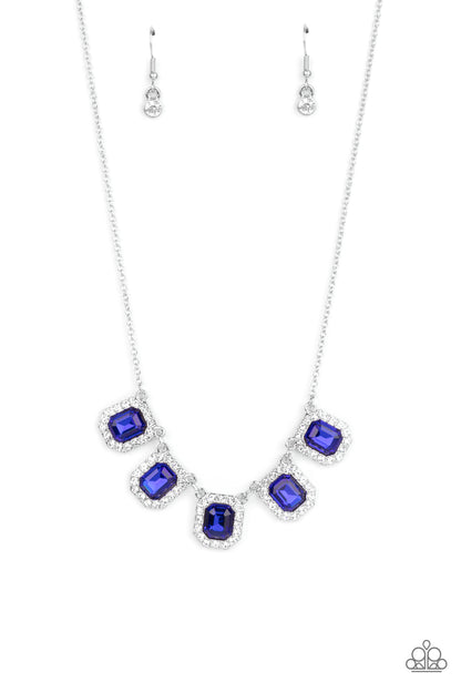 Next Level Luster Blue Necklace - Paparazzi Accessories  Bordered in glassy white rhinestones, sapphire blue emerald style rhinestone encrusted frames gorgeously link below the collar for a timeless fashion. Features an adjustable clasp closure.  All Paparazzi Accessories are lead free and nickel free!  Sold as one individual necklace. Includes one pair of matching earrings.